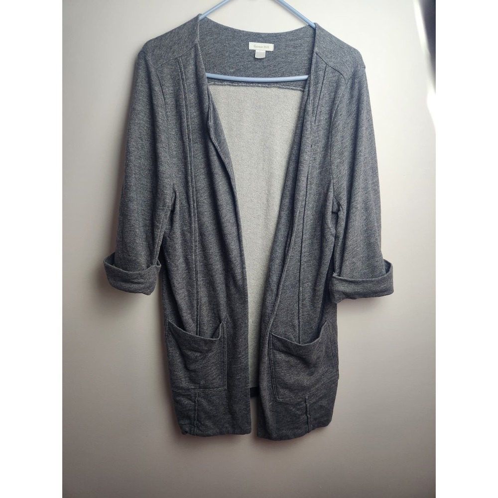 Garnet Hill Womens Open Front Cardigan Sz L Gray 3/4Cuffed Sleeve Front Pockets